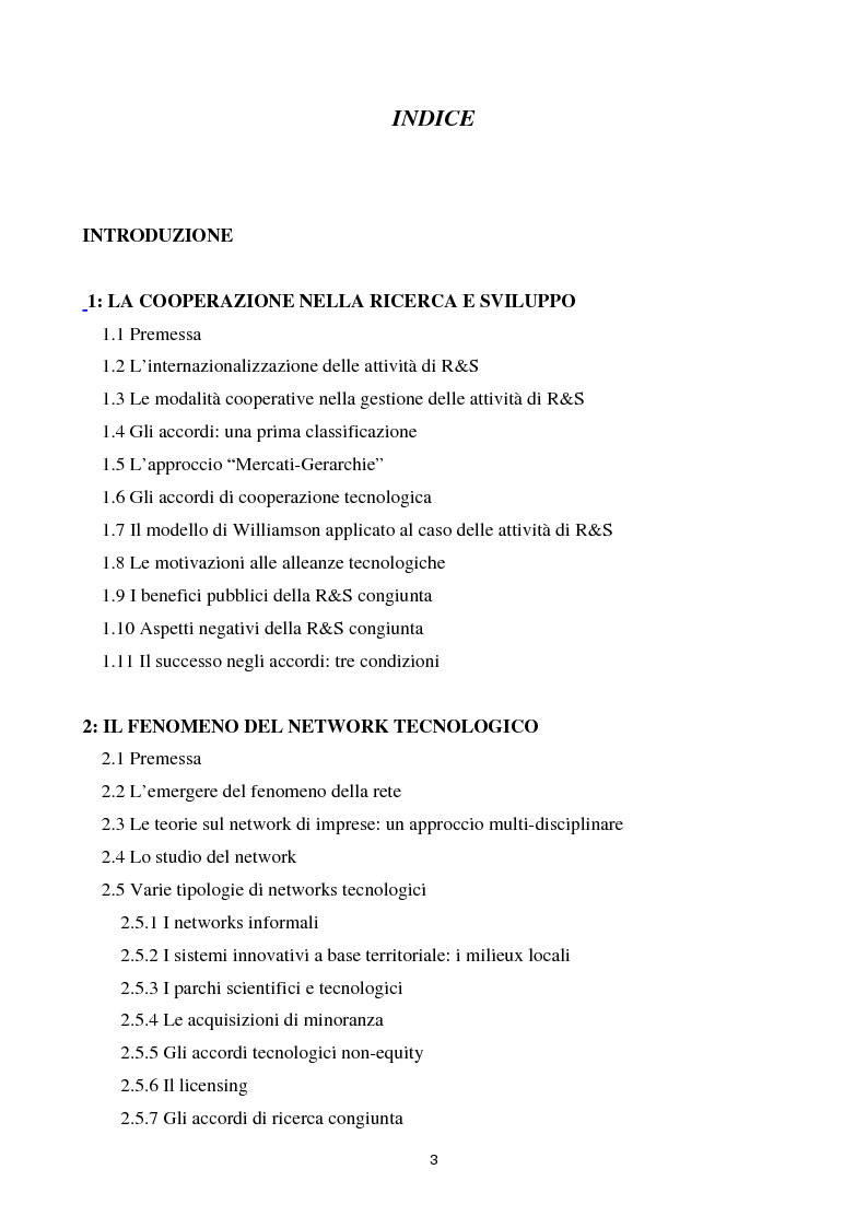 Indice della tesi: La cooperazione tra imprese nella ricerca: un'analisi reticolare, Pagina 1