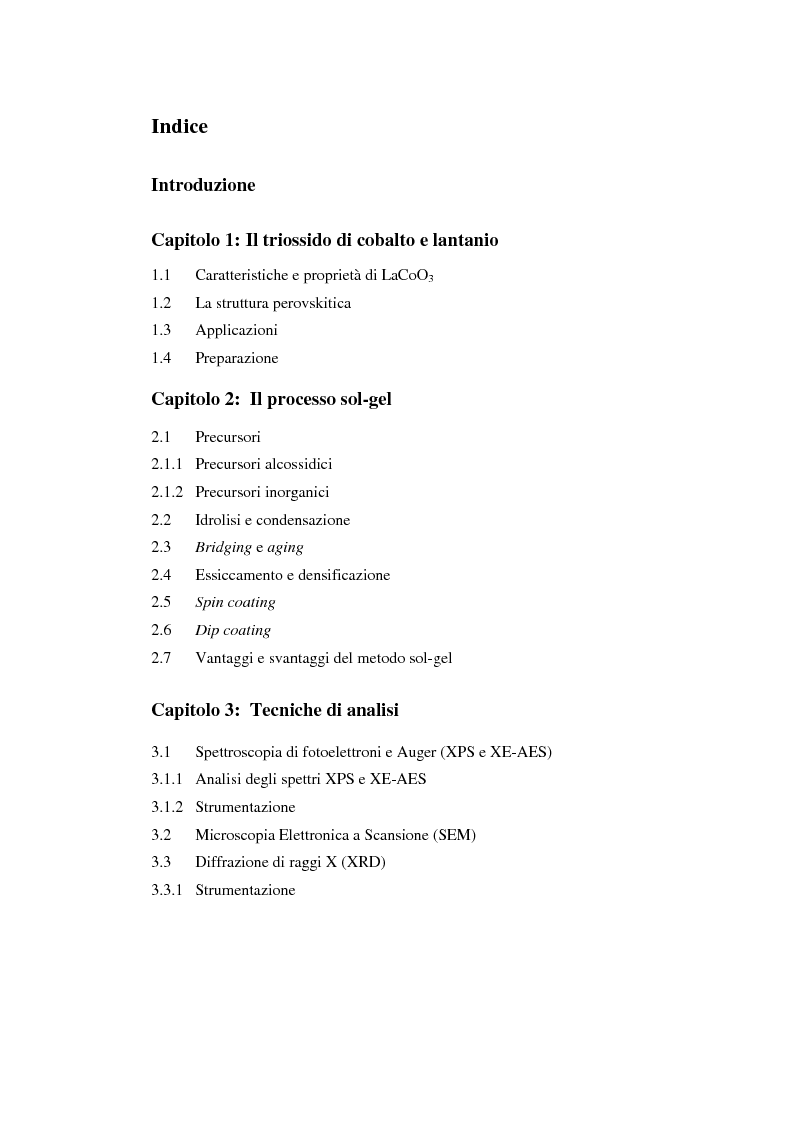 Indice della tesi: Sintesi di triossido di cobalto e lantanio mediante processi sol-gel, Pagina 1