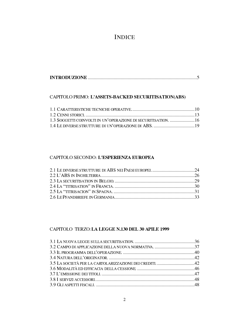 Indice della tesi: La nuova disciplina sulla cartolarizzazione dei crediti, Pagina 1