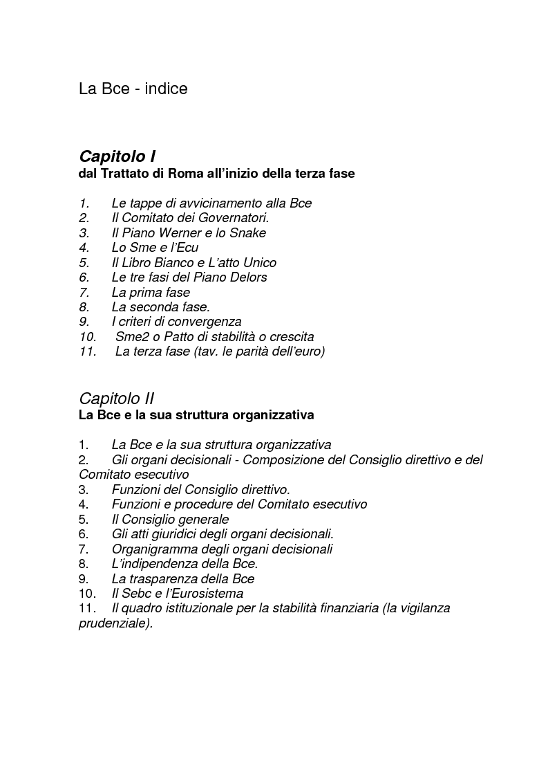 Indice della tesi: La BCE (Banca Centrale Europea), Pagina 1