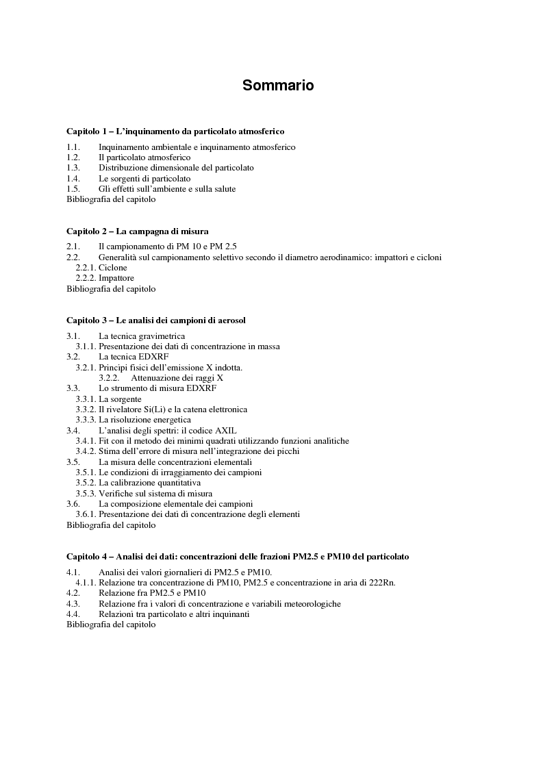 Indice della tesi: Indagine sulla frazione fine del particolato atmosferico, Pagina 1