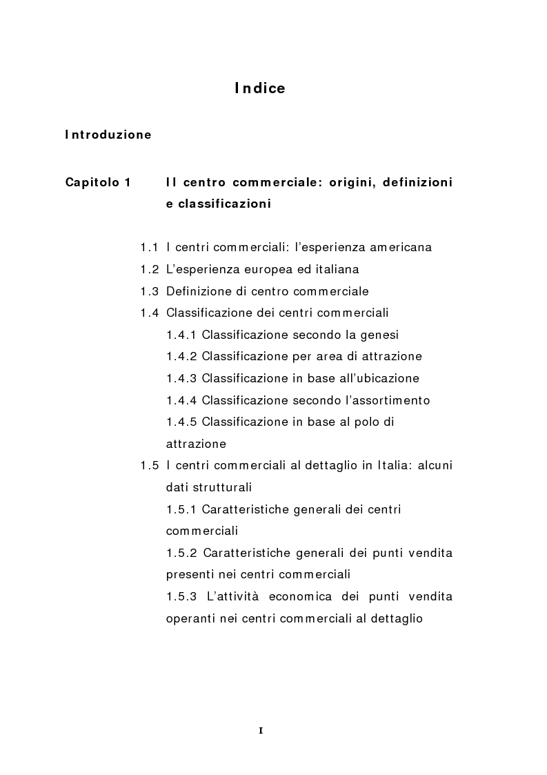 Indice della tesi: Il marketing del centro commerciale: un approccio relazionale, Pagina 1