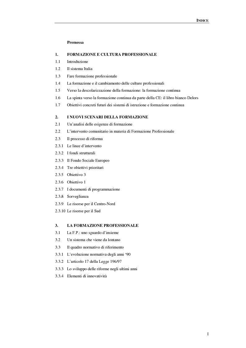 Indice della tesi: Procedure di accreditamento e certificazione dei centri di formazione professionale, Pagina 1