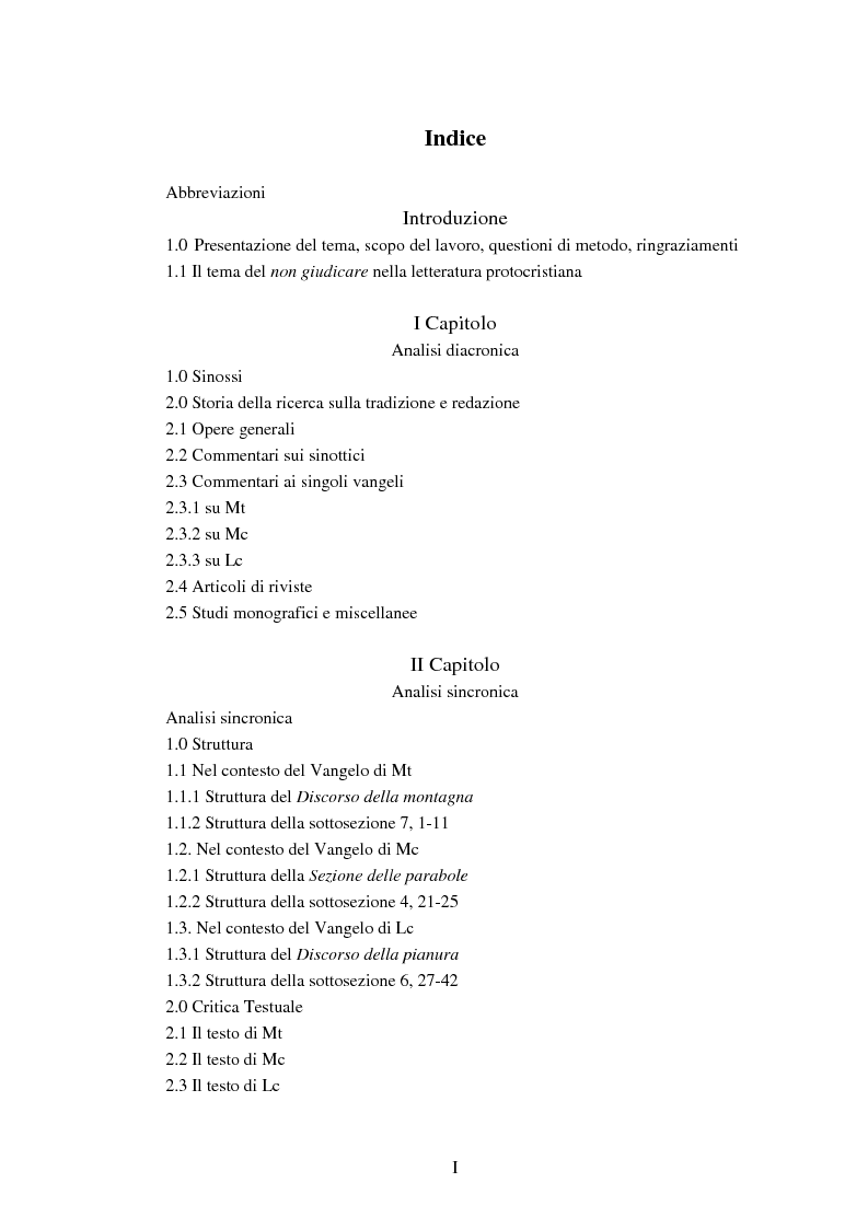 Indice della tesi: Il tema del ''non giudicare'' nei Vangeli Sinottici, Pagina 1