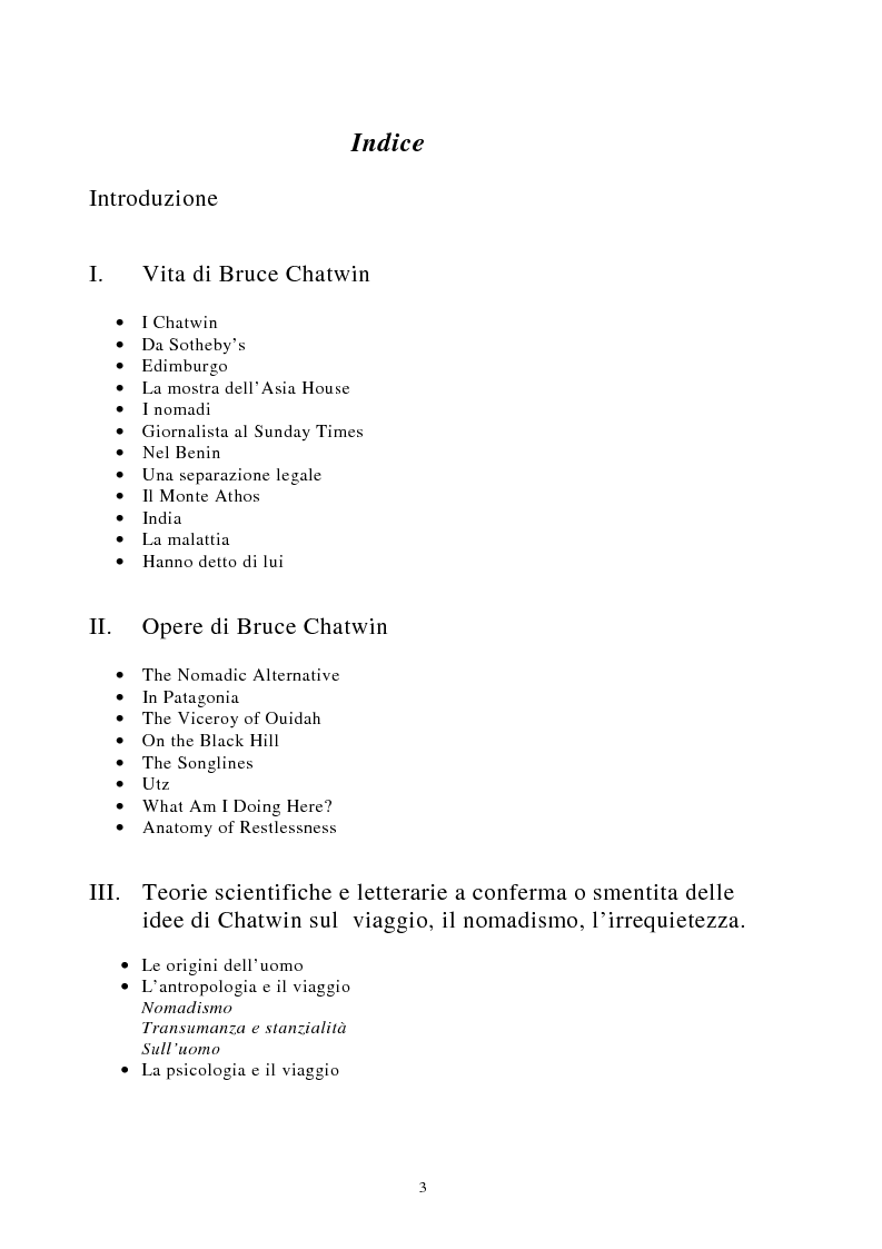 Indice della tesi: Nomadismo e sedentarietà nella narrativa di Bruce Chatwin, Pagina 1