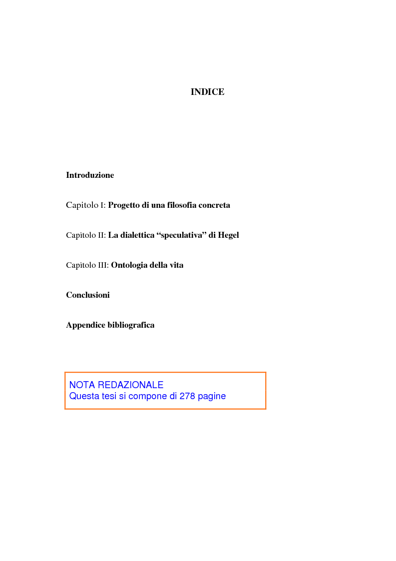 Indice della tesi: Ontologia, storicità e vita nell'interpretazione marcusiana di Hegel, Pagina 1