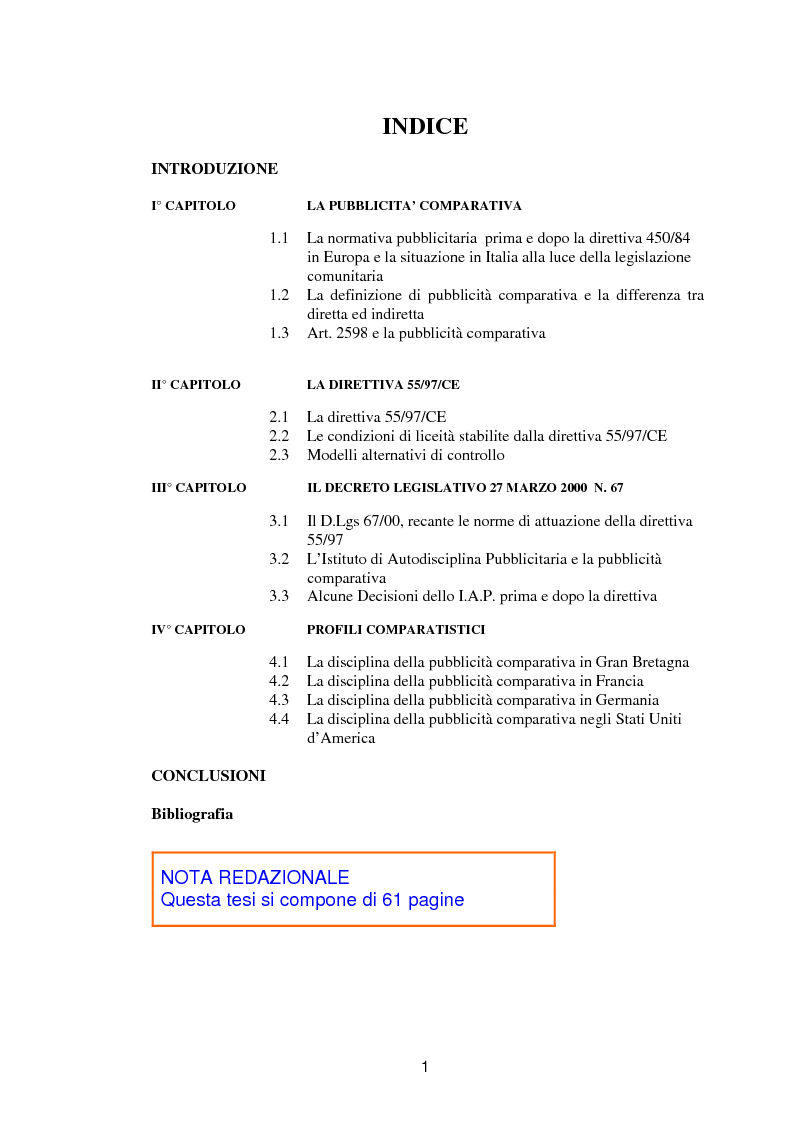 Indice della tesi: La pubblicità comparativa fra orientamento dell'autorità garante e legislazione comunitaria, Pagina 1