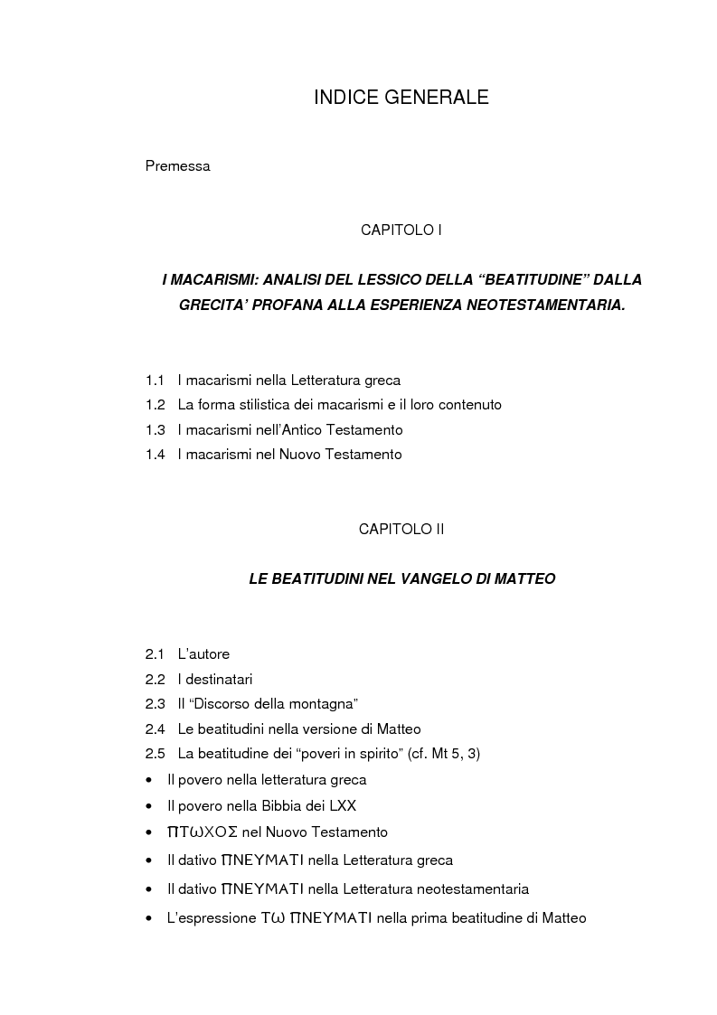 Indice della tesi: La ''Beatitudine dei poveri'' in Matteo e Luca, Pagina 1