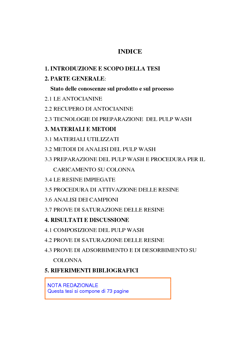 Indice della tesi: Recupero di antocianine da pulp wash di arance pigmentate mediante adsorbimento su resine, Pagina 1