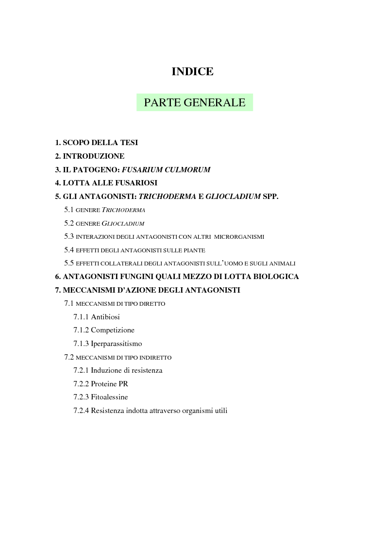 Indice della tesi: Aspetti dell'interazione di Gliocladium roseum e Trichoderma spp. con Fusarium culmorum e frumento, Pagina 1