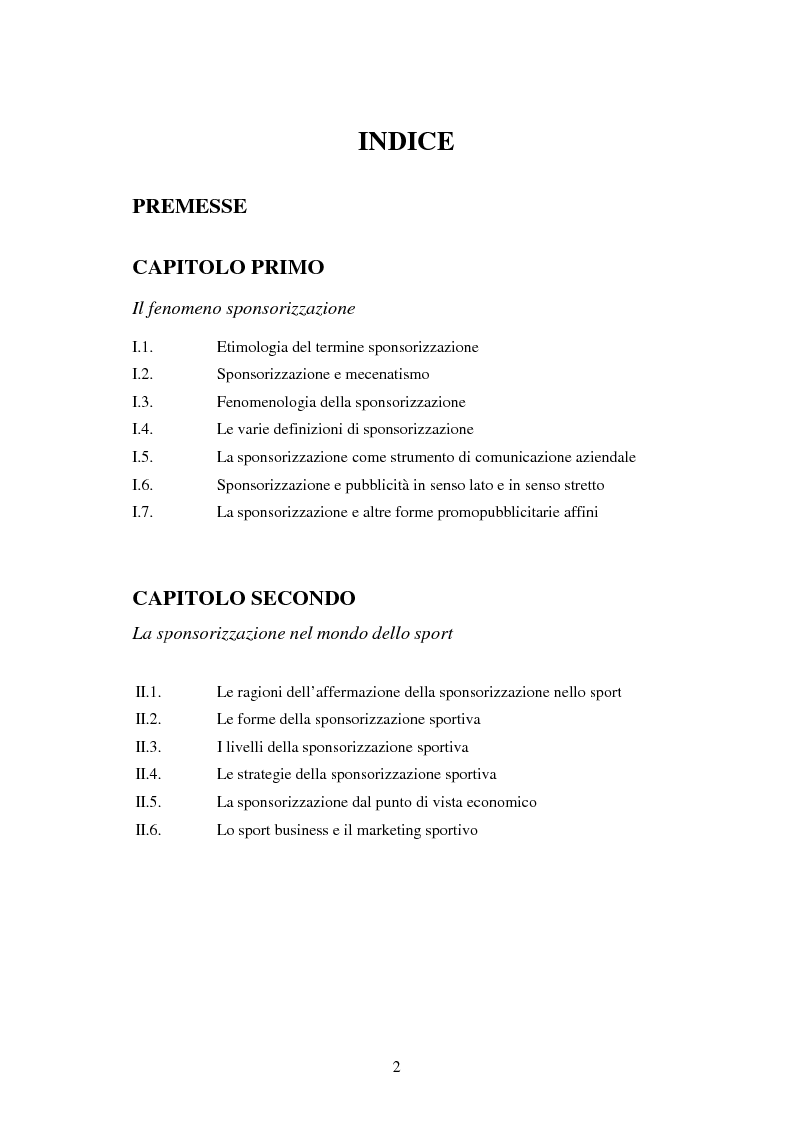 Indice della tesi: Sponsorizzazione e cessione d'immagine in ambito sportivo. Aspetti civilistici e profili di comparazione, Pagina 1