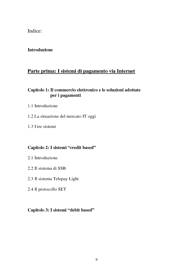 Indice della tesi: I sistemi di pagamento via Internet: il ruolo delle poste, Pagina 1