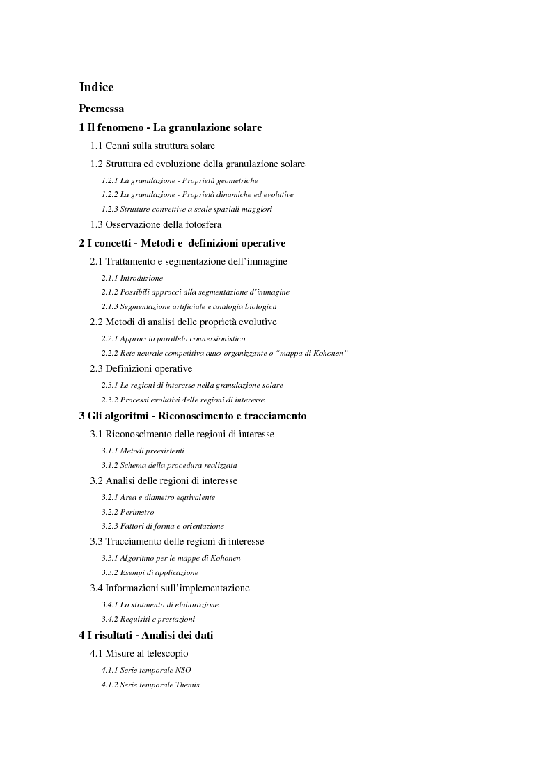Indice della tesi: Analisi delle proprietà geometriche ed evolutive di strutture fotosferiche solari tramite algoritmi paralleli di riconoscimento e tracciamento, Pagina 1