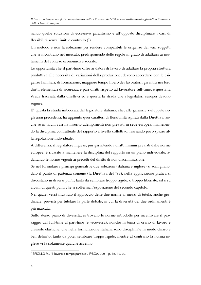 Anteprima della tesi: Il lavoro a tempo parziale: recepimento della direttiva 97/81/Ce nell'ordinamento giuridico italiano e della Gran Bretagna, Pagina 2