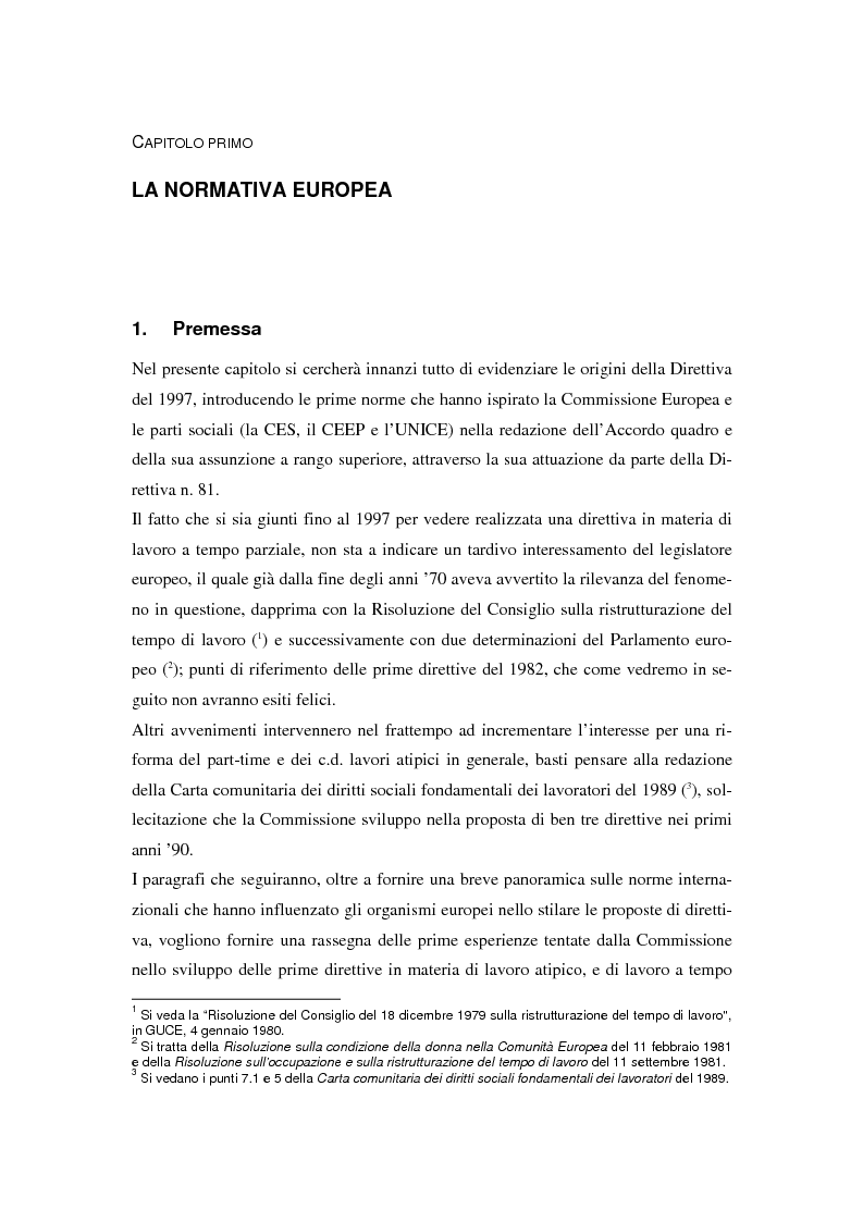 Anteprima della tesi: Il lavoro a tempo parziale: recepimento della direttiva 97/81/Ce nell'ordinamento giuridico italiano e della Gran Bretagna, Pagina 4