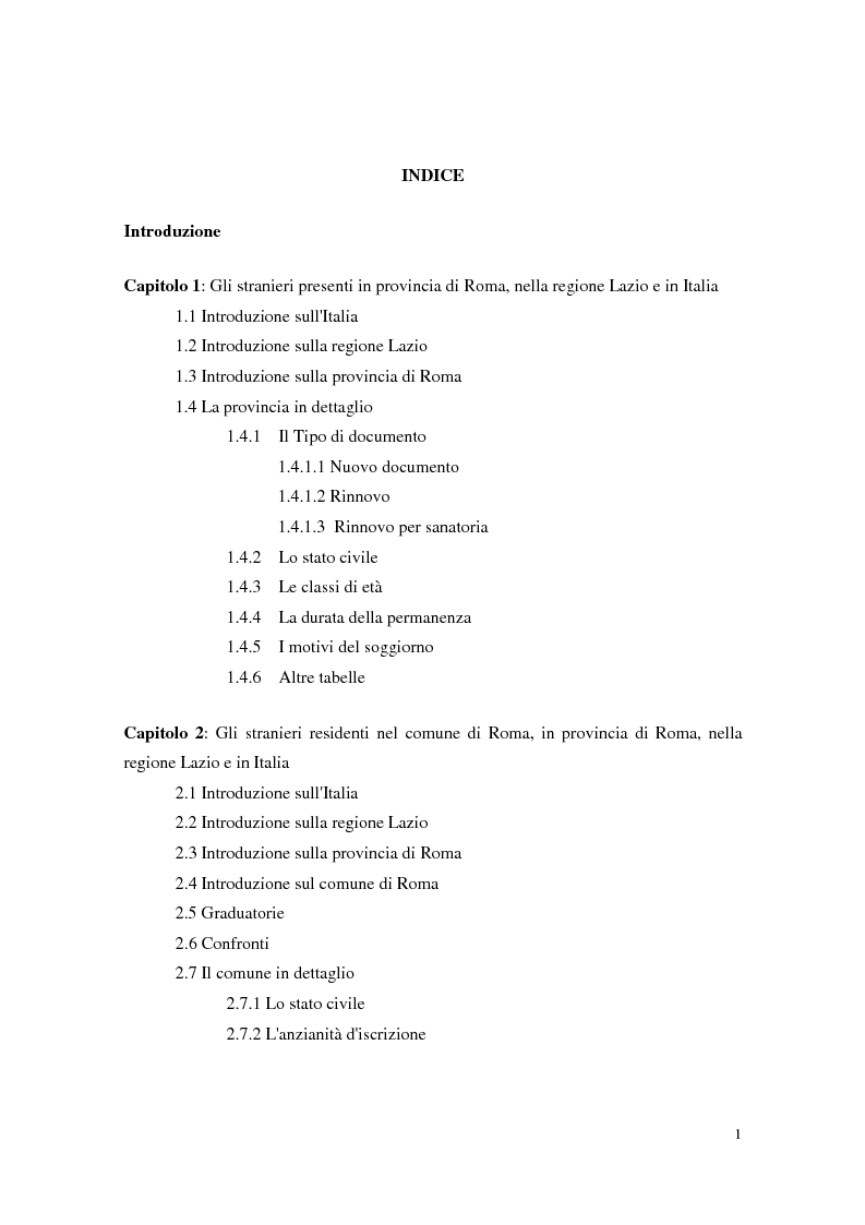 Indice della tesi: Le comunità straniere nell'area romana: caratteristiche e processi d'integrazione, Pagina 1