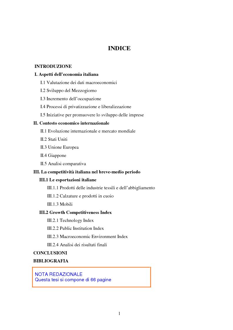 Indice della tesi: Profilo macroeconomico comparato dell'Italia ed analisi competitiva, Pagina 1