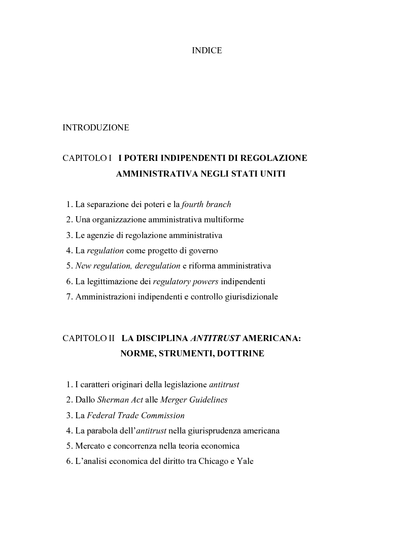 Indice della tesi: Il modello delle amministrazioni indipendenti in Italia e negli Stati Uniti. Profili comparati di disciplina della concorrenza., Pagina 1