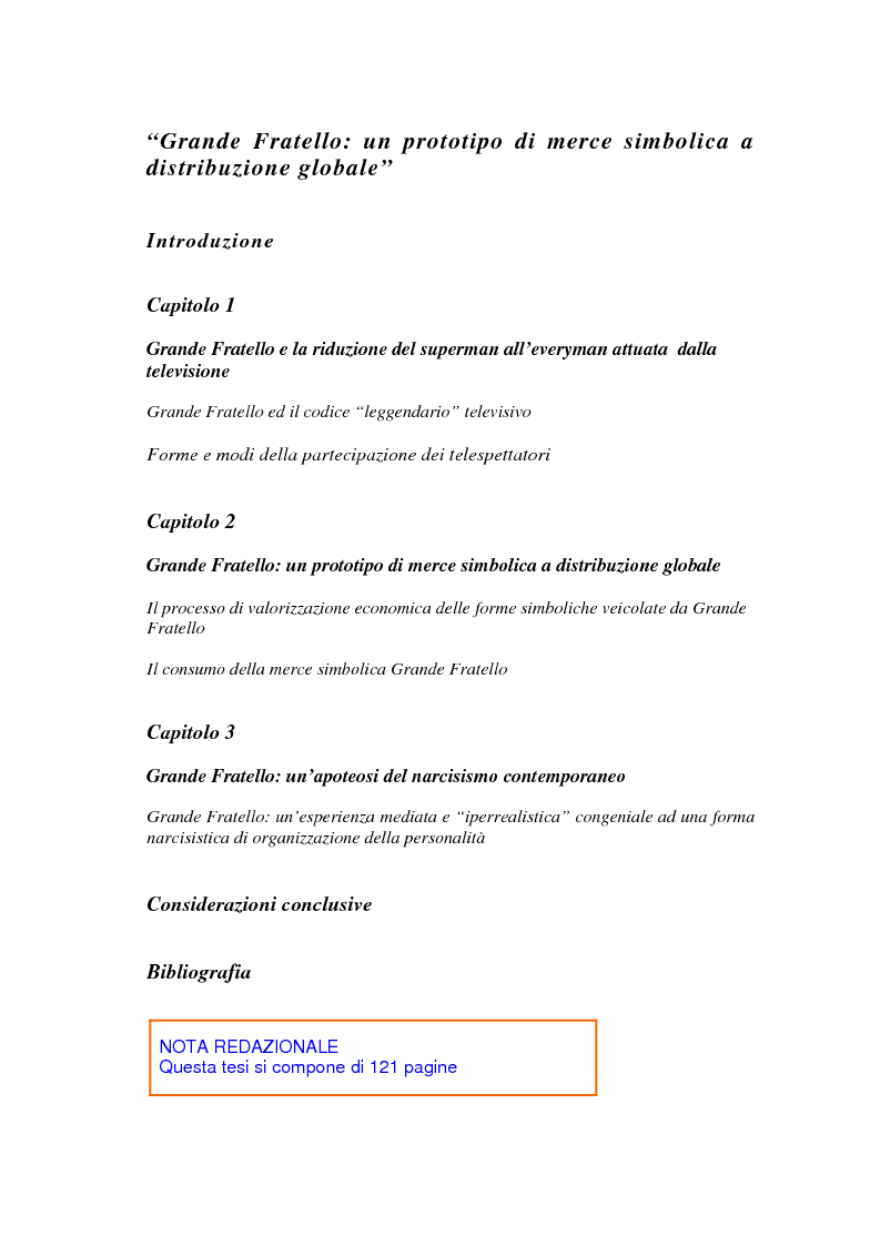 Indice della tesi: Grande Fratello: un prototipo di merce simbolica a distribuzione globale, Pagina 1