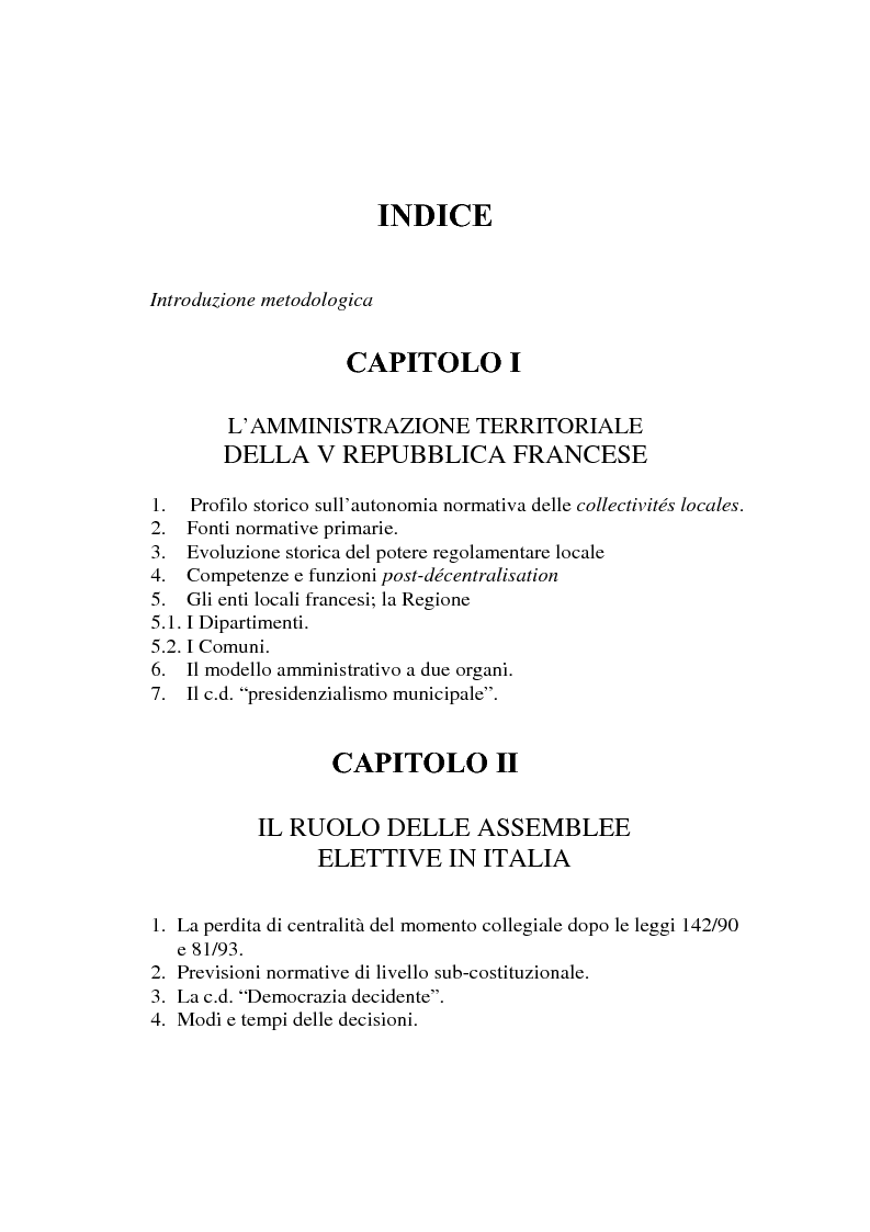 Indice della tesi: Procedimenti deliberativi negli enti locali; l'esperienza francese, Pagina 1