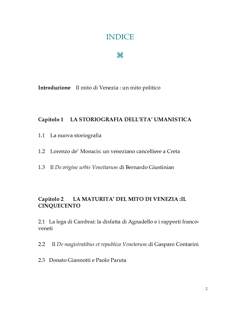 Indice della tesi: Tra politica e letteratura: il mito di Venezia, Pagina 1