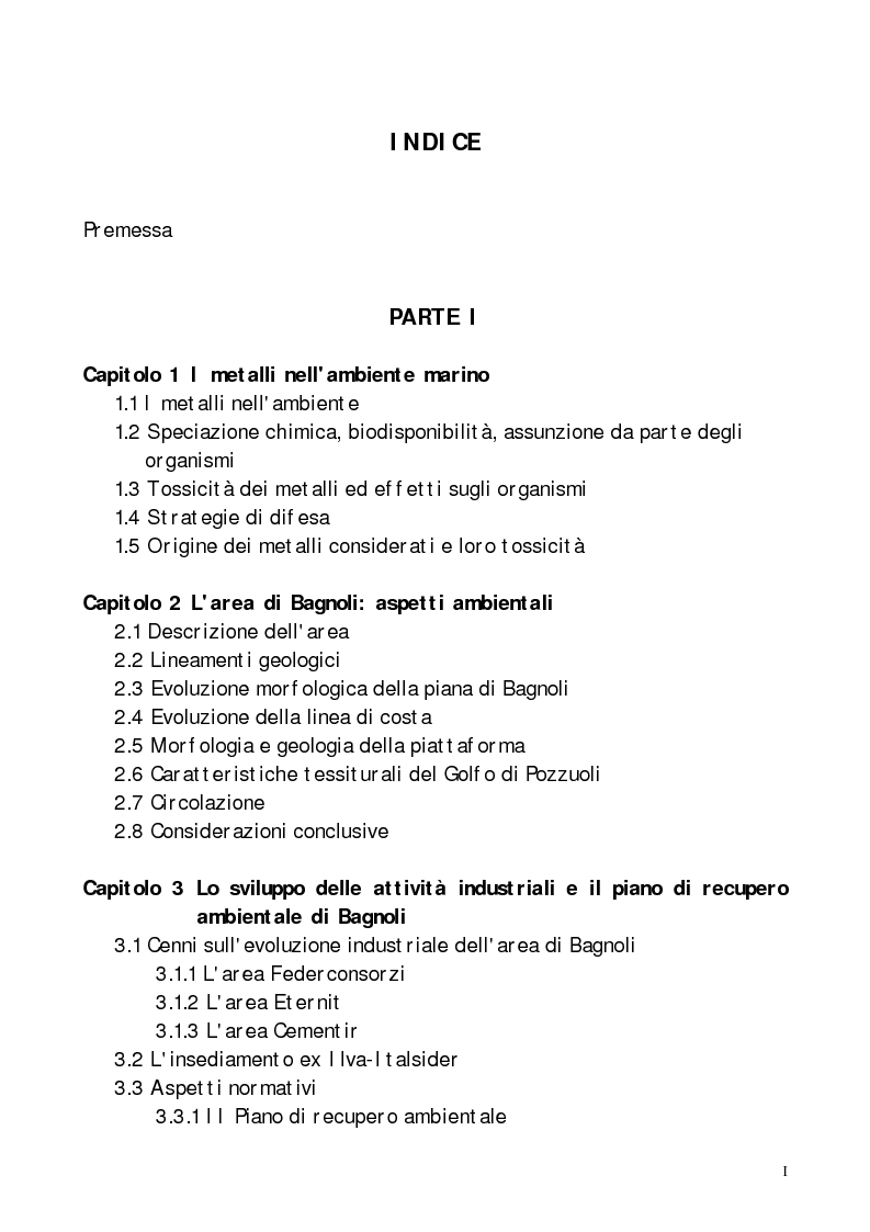 Indice della tesi: Valutazione dell'inquinamento da metalli pesanti nell'area antistante l'ex complesso industriale di Bagnoli, Pagina 1