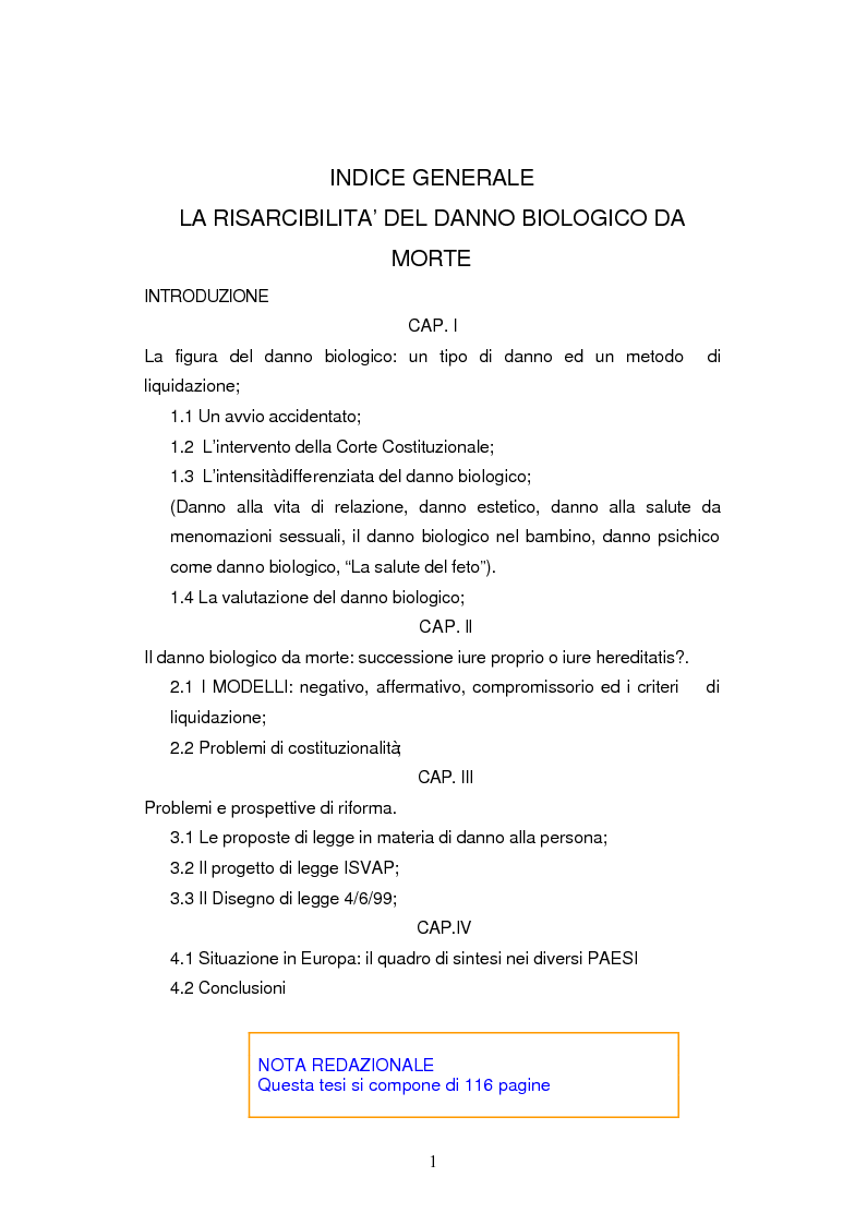 Indice della tesi: La risarcibilità del danno biologico da morte, Pagina 1