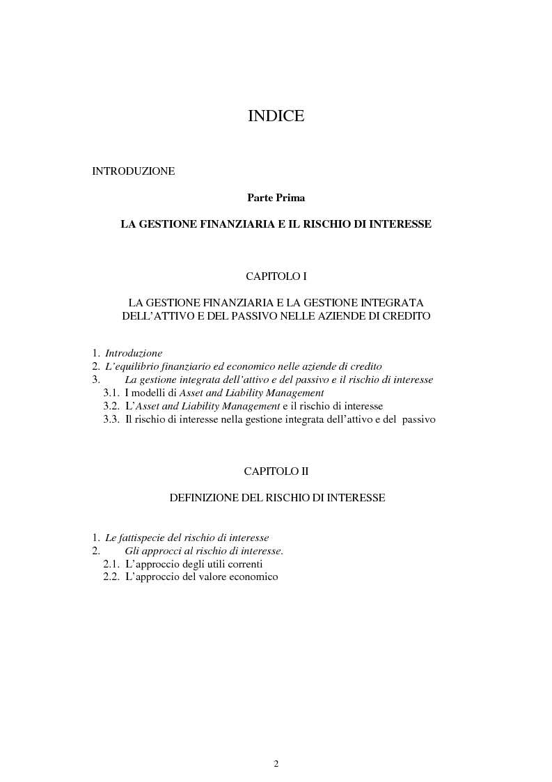 Indice della tesi: Il rischio di interesse e gli strumenti per un suo controllo, Pagina 1