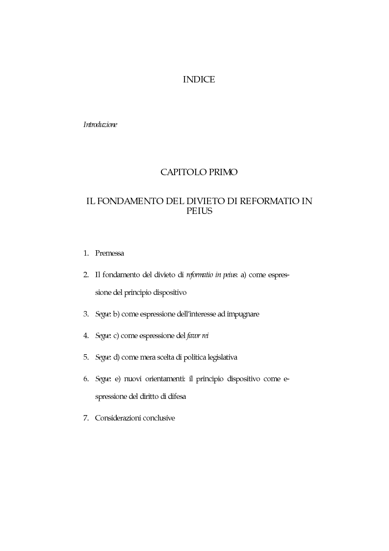 Indice della tesi: Il divieto di reformatio in peius nel processo penale, Pagina 1