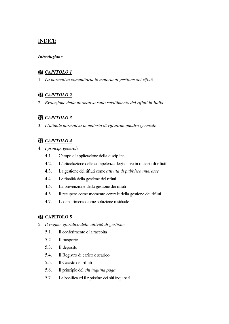 Indice della tesi: La disciplina giuridica della gestione dei rifiuti, Pagina 1