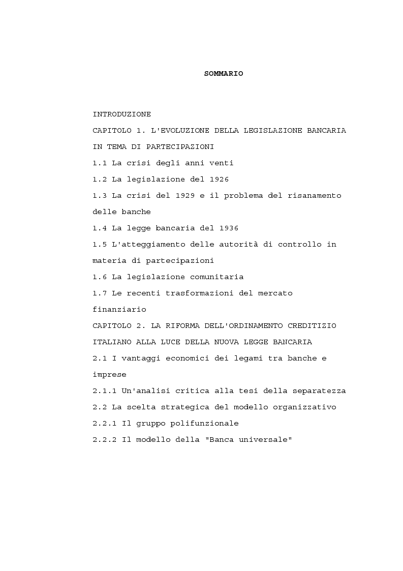 Indice della tesi: La partecipazione delle banche al capitale industriale, Pagina 1