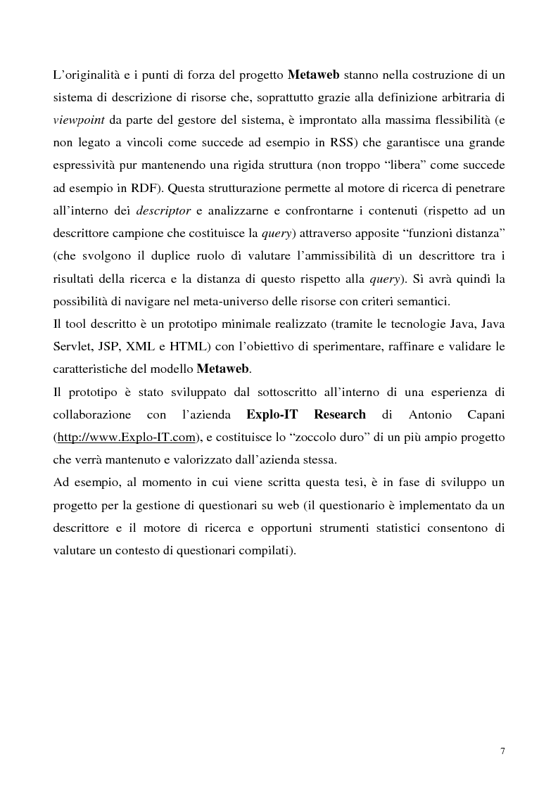Anteprima della tesi: Metaweb: Motore di ricerca e navigazione ''semantica'' nel meta-universo delle descrizioni delle risorse - Definizione del modello formale e implementazione di un prototipo in Java e XML, Pagina 2