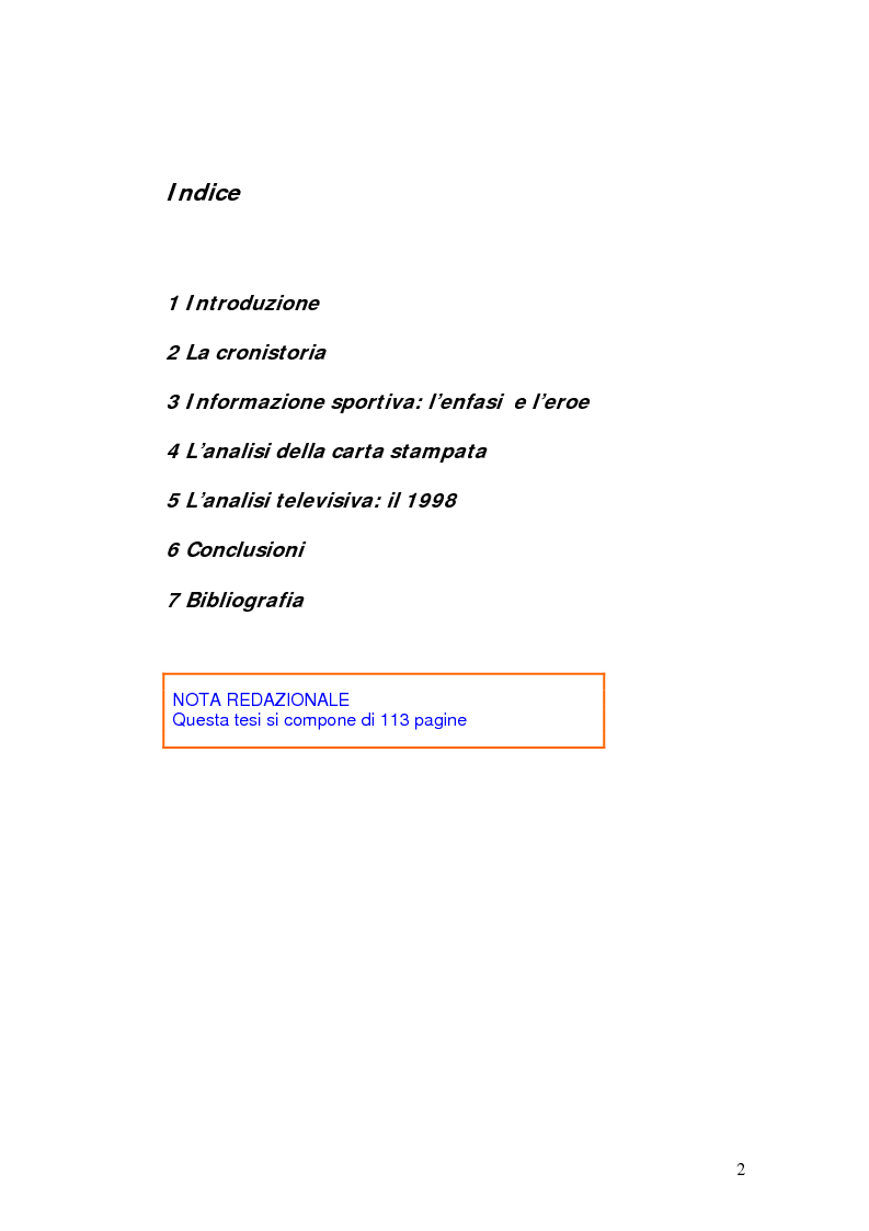 Indice della tesi: Marco Pantani: costruzione ed evoluzione del mito mediatico, Pagina 1