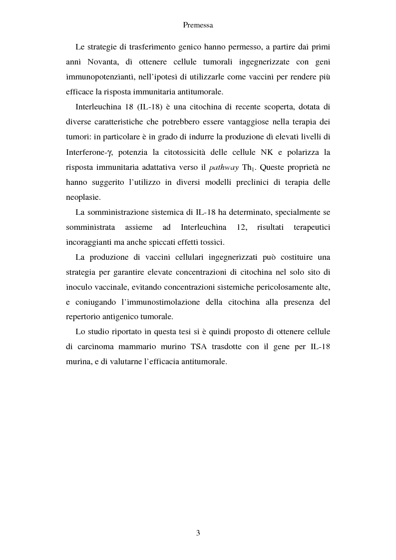Anteprima della tesi: Produzione di vaccini per la terapia genica mediante trasduzione di Interleuchina 18 in cellule di carcinoma mammario murino, Pagina 2