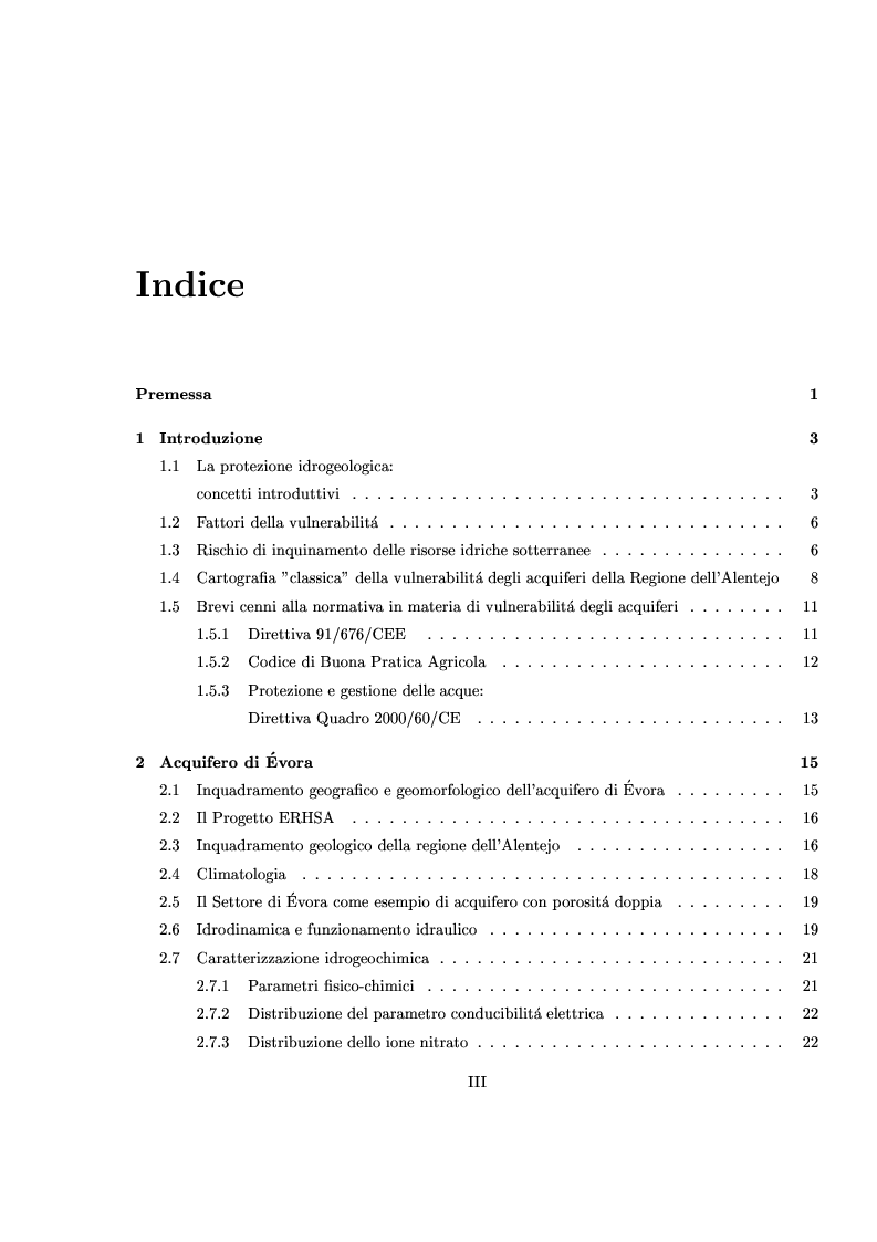 Indice della tesi: Caratterizzazione stocastica del sistema acquifero Évora-Montemor-Cuba, settore di Évora, Pagina 1