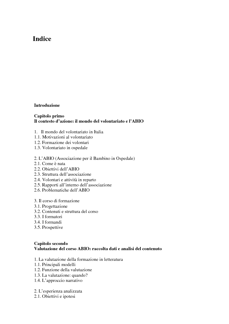 Indice della tesi: Aspetti narrativi dell'azione formativa. L'esperienza Abio, Pagina 1