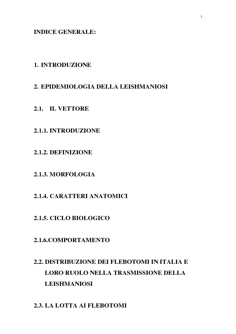 Indice della tesi: Distribuzione dei vettori di Leishmaniosi canina in provincia di Alessandria, Pagina 1