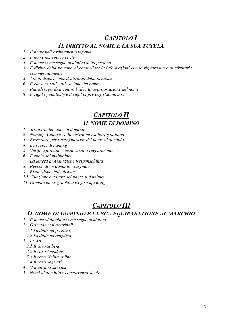 Indice della tesi: Nomi, marchi e nomi di dominio: un rapporto difficile, Pagina 1