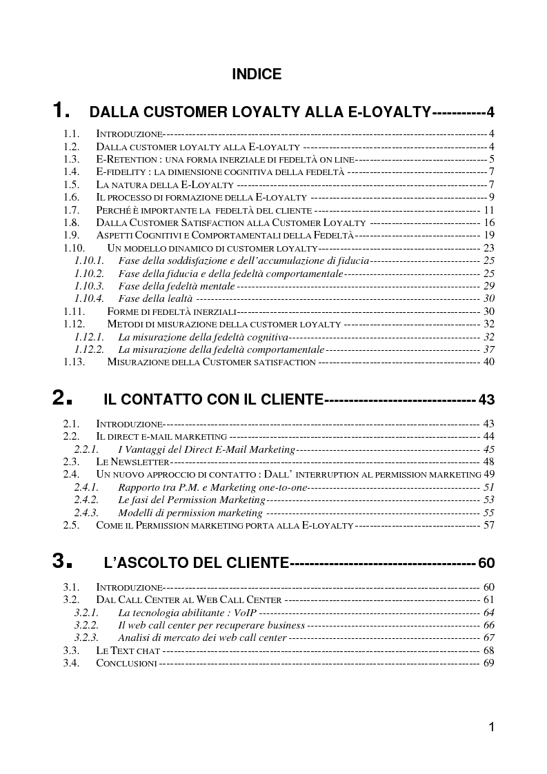 Indice della tesi: E-loyalty: la fedeltà del cliente nelle attività di web marketing, Pagina 1