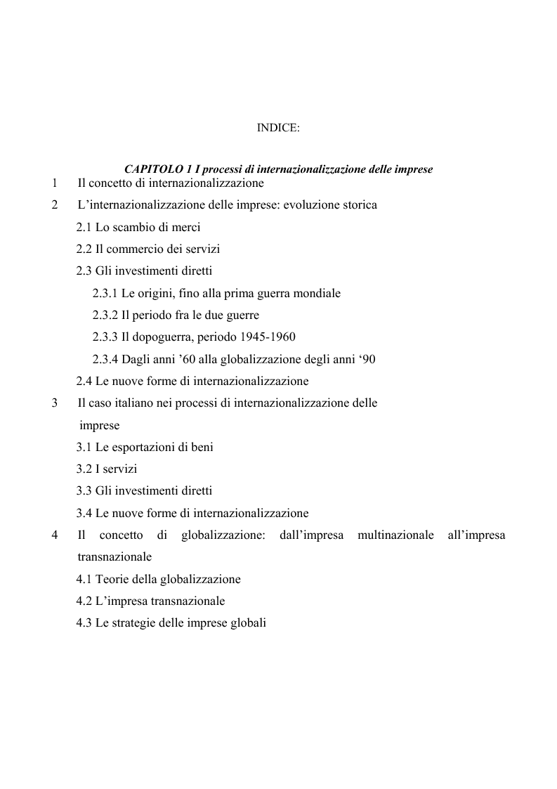Indice della tesi: Processi di internazionalizzazione delle piccole e medie imprese e nuove forme di cooperazione allo sviluppo: un'esperienza di cooperazione con Cuba, Pagina 1