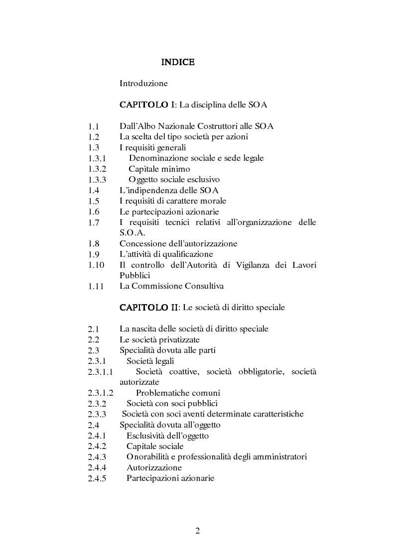 Indice della tesi: Le S.O.A. (Società Organismi di Attestazione), Pagina 1