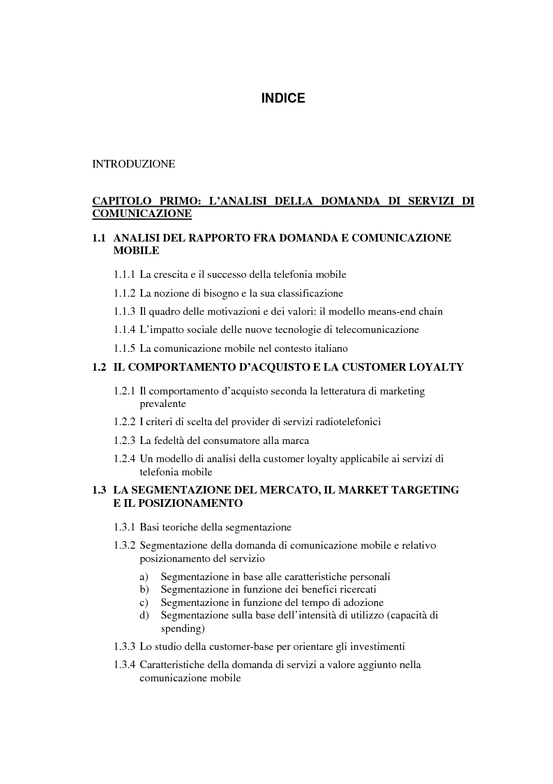 Indice della tesi: Strategie di sviluppo e competizione nel settore della comunicazione mobile, Pagina 1