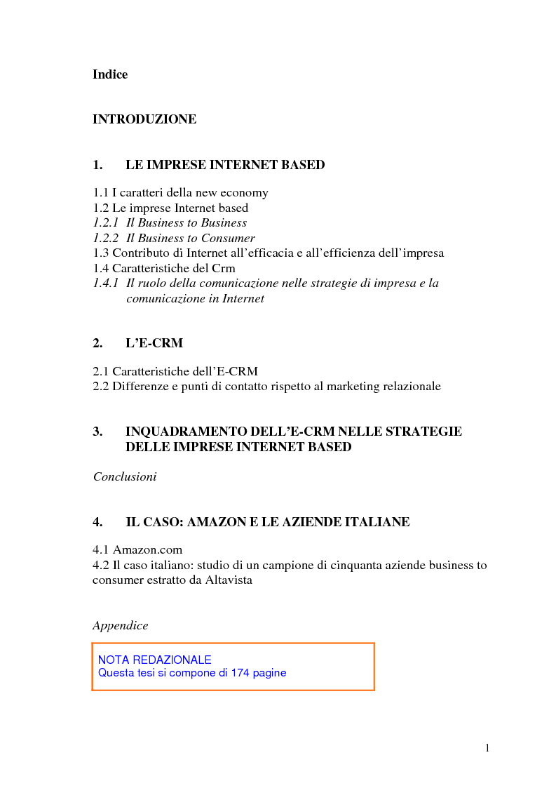 Indice della tesi: Rafforzare l'efficacia delle imprese Internet based attraverso l'Electronic Customer Relationship Management, Pagina 1