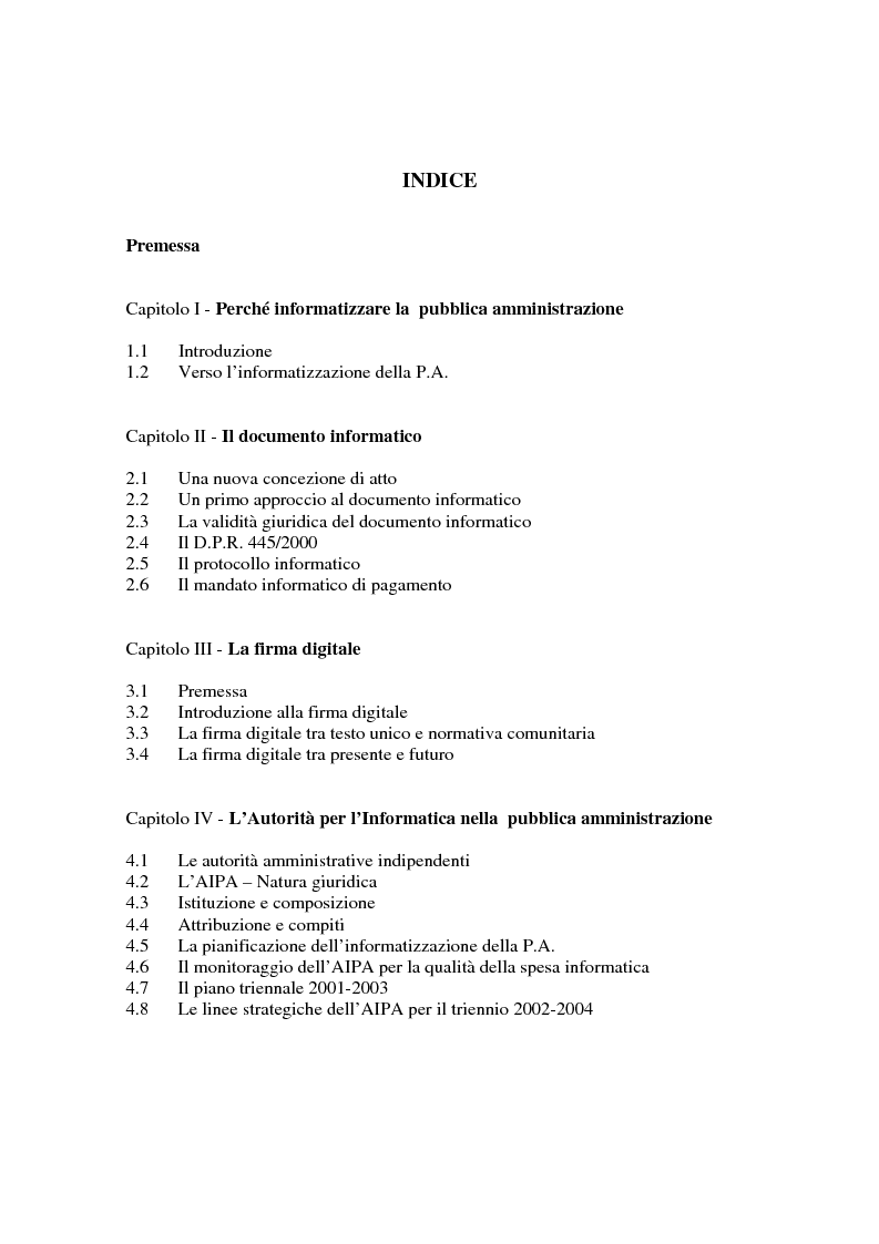 Indice della tesi: L'informatizzazione della Pubblica Amministrazione. Aspetti giuridici delle innovazioni tecnologiche nell'azione amministrativa, Pagina 1