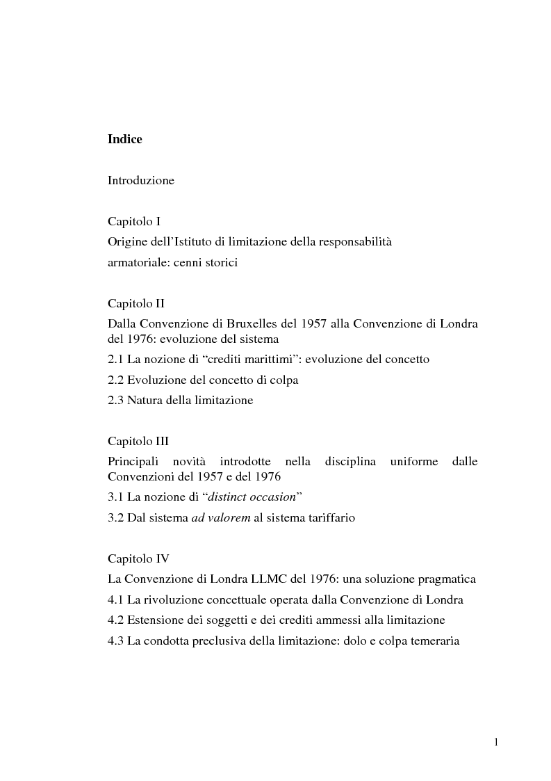 Indice della tesi: La limitazione di responsabilità per i crediti marittimi, Pagina 1