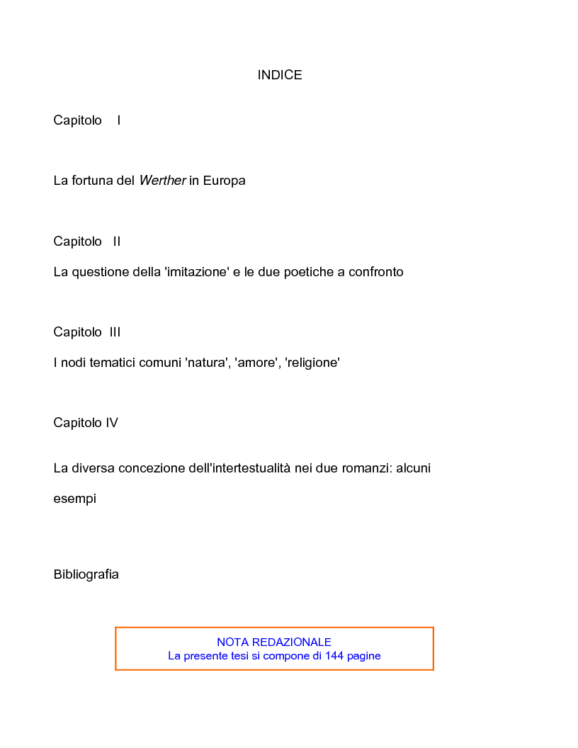 Indice della tesi: Il nodo intertestuale 'Werther'-'Ortis', Pagina 1