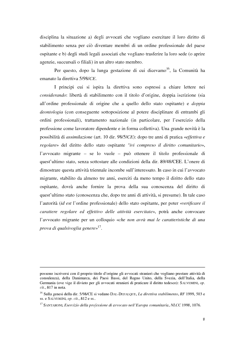 Anteprima della tesi: Due profili problematici della libertà di stabilimento degli avvocati nella Comunità europea: le società professionali a responsabilità limitata e la pratica multidisciplinare. Sguardo comparatistico tra Germania, Gran Bretagna, Francia e Italia, Pagina 5