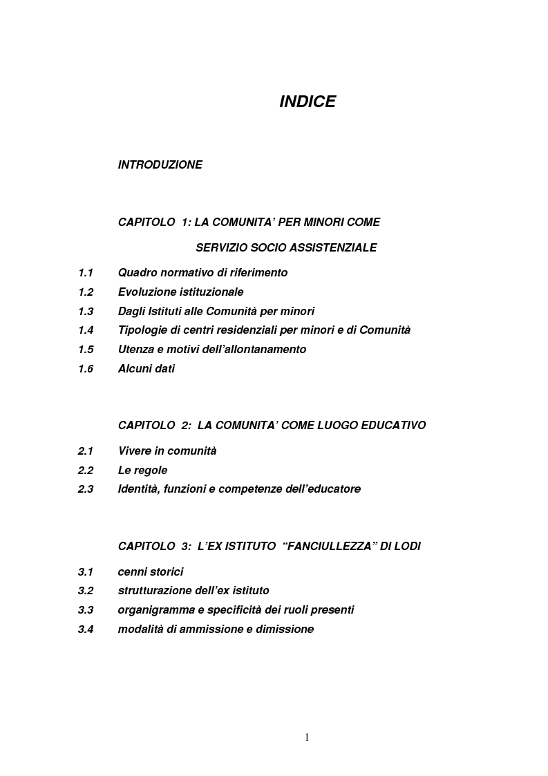 Indice della tesi: La comunità per minori: viaggio alla ricerca di significati, Pagina 1
