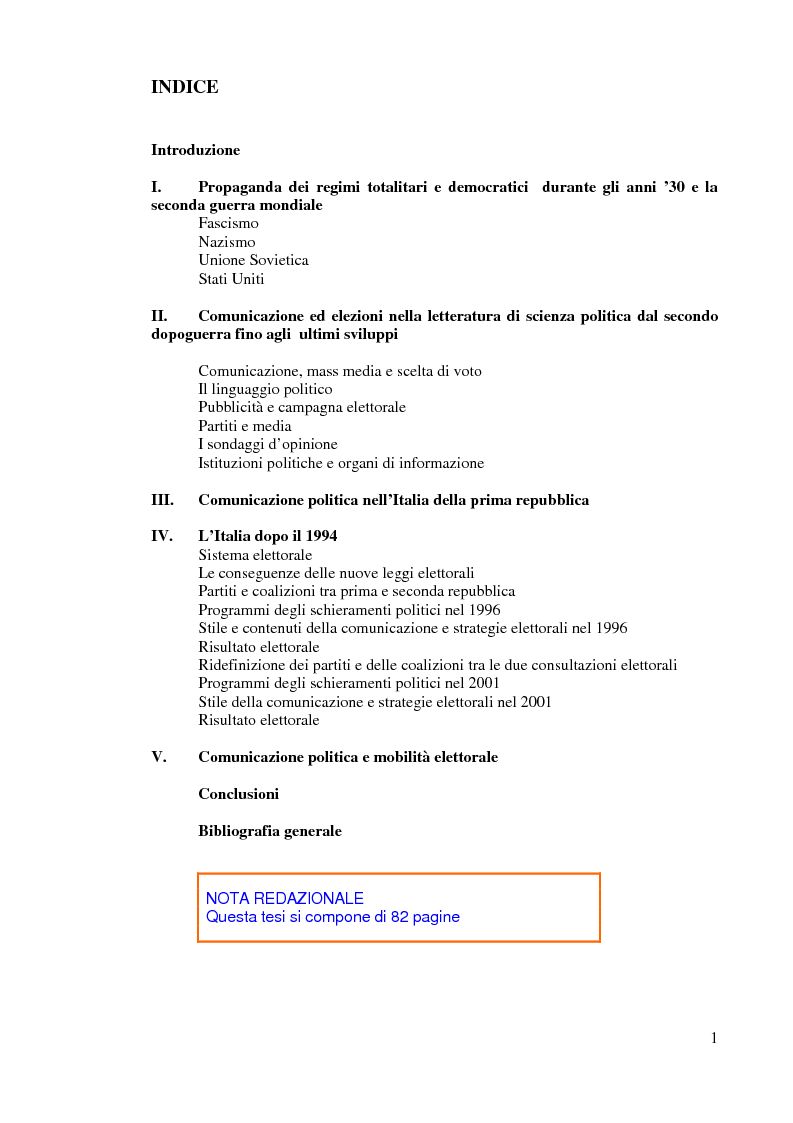 Indice della tesi: Comunicazione politica e processo elettorale: uno studio sulle elezioni del 1996 e del 2001, Pagina 1