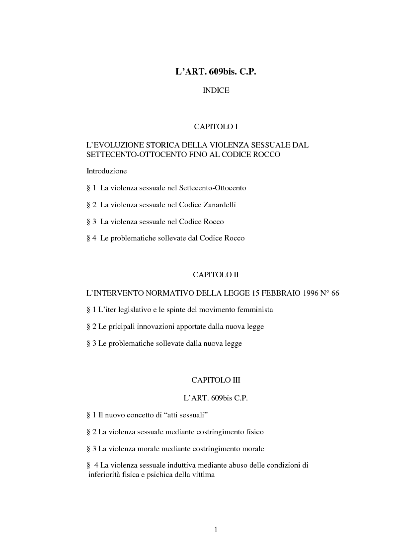 Indice della tesi: L'art. 609/bis c.p.: la violenza sessuale, Pagina 1